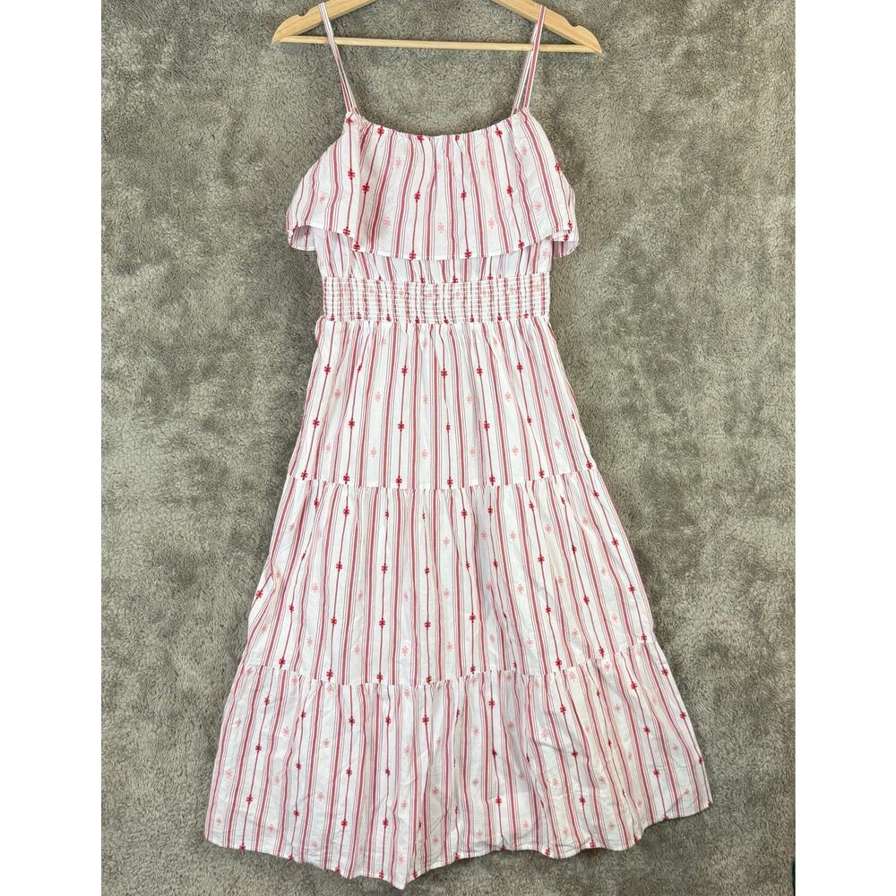 NWT LOFT Striped Ruffle Strappy Tiered Smocked Midi Dress White Red Pink XS - Picture 6 of 15